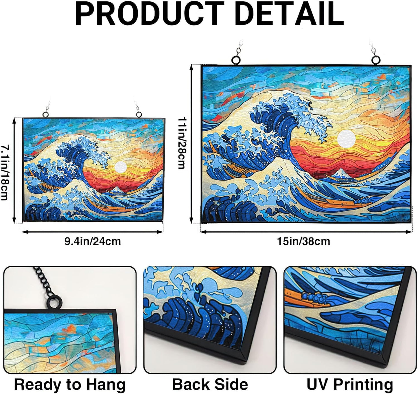 Rectangle Ocean Wave Stained Glass Suncatcher 4 Season Colorful Window Wall Ornament Hand-Painted