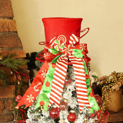yofit Christmas Tree Topper Hat, Large Red Hat with Striped Bow Ribbon & Lollipop, Christmas Tree
