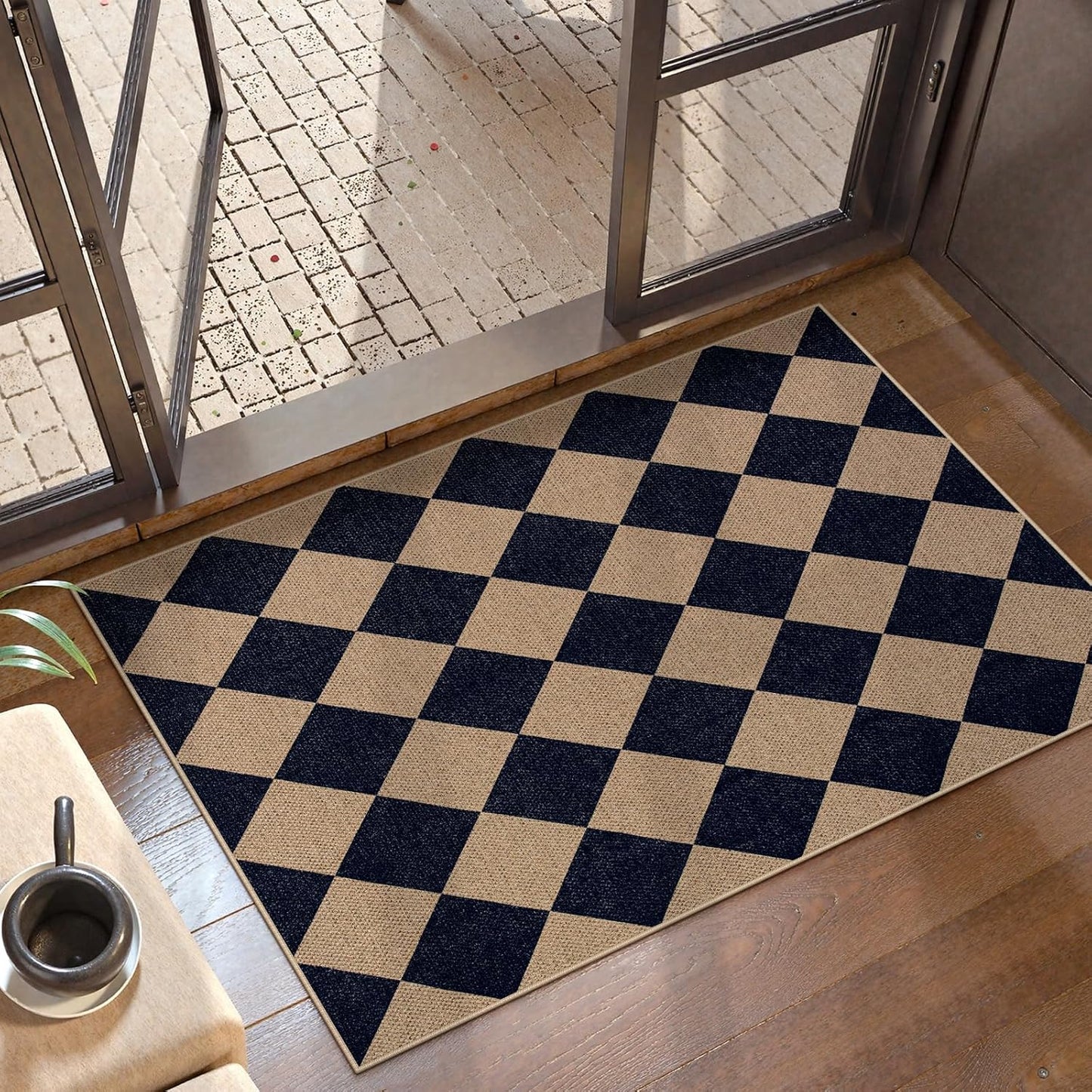 Lahome Checkered Easy Jute Kitchen Rug, 2x3 Indoor Door Mat Small Neutral Area Rug, Farmhouse