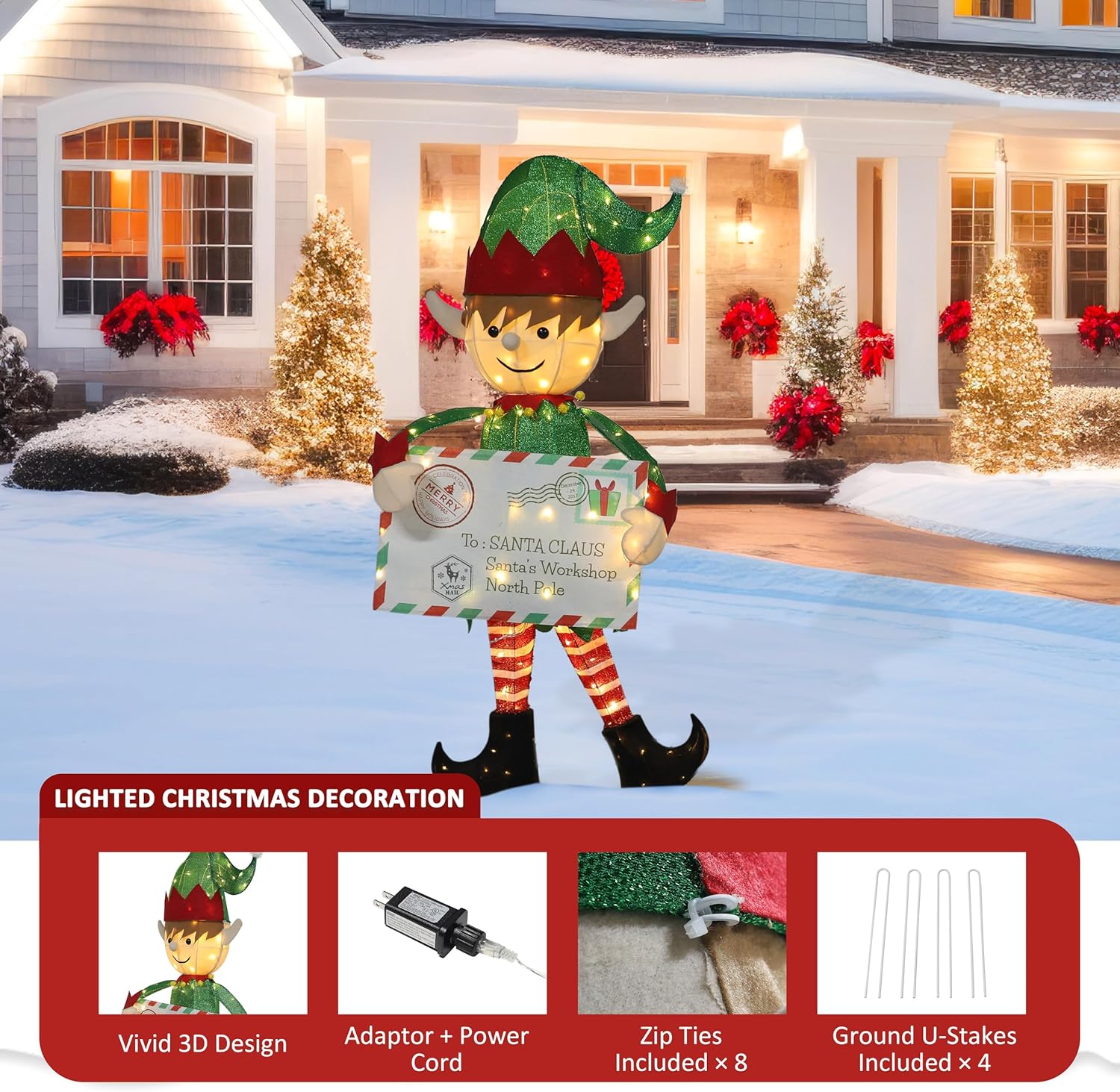4.8FT Lighted Elf with Envelope Outdoor Christmas Decoration, 3D Pre-Lit Elf Decor with 100 LED