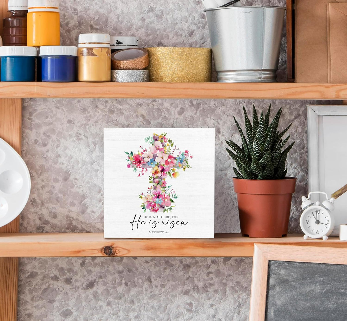 SRADMO He Is Risen Sign, Floral Cross Easter Christian Wood Box Sign Desk Decor, Christian Easter