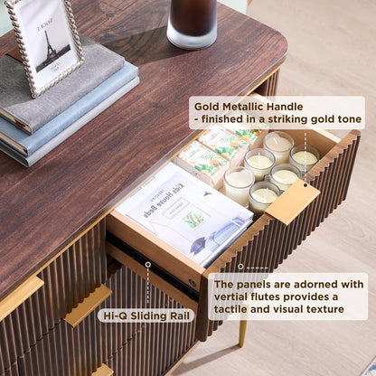 T4TREAM Fluted 7 Drawers Dresser for Bedroom, 54" Wide Modern Dresser TV Stand, Gold Accents
