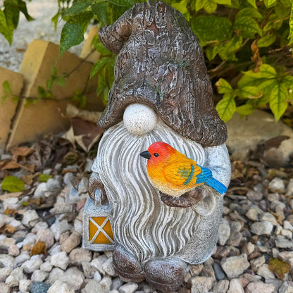 Mood Lab Garden Gnome - Stone Gnome Figurine - 9.1 Inch Tall Lawn Statue with Bird - for Outdoor or