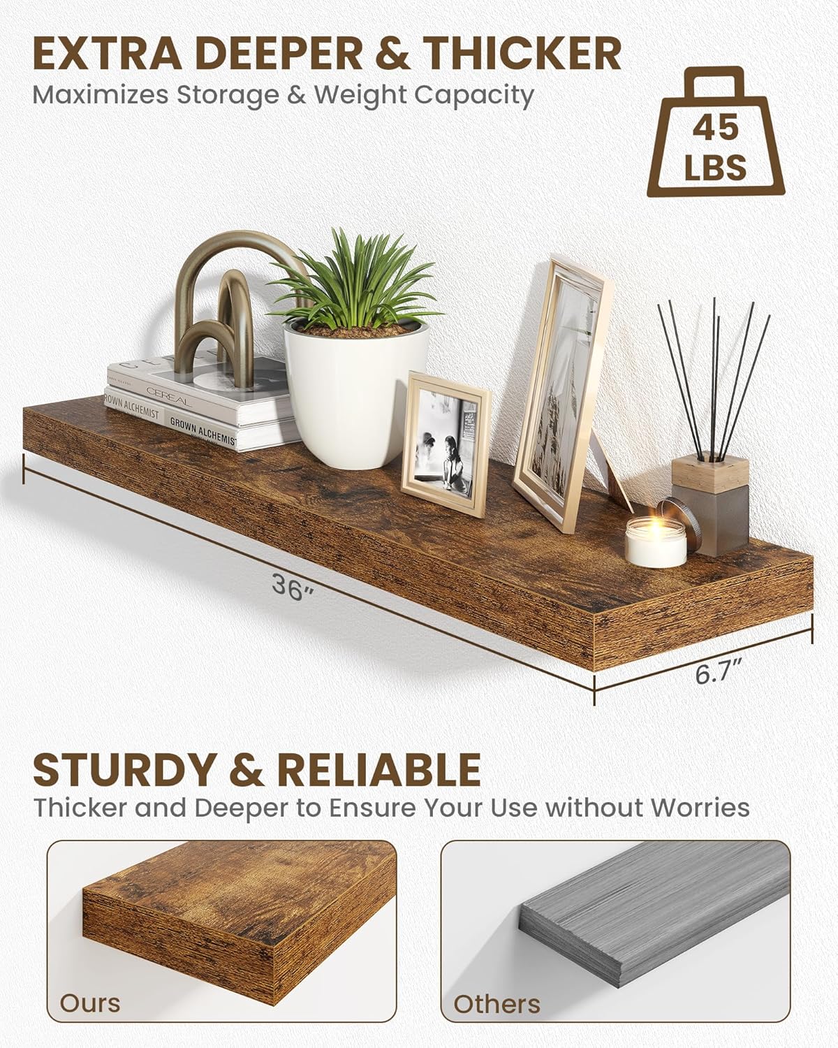 Marsmiles 36" Floating Shelves for Wall, Wooden Shelves with Invisible Brackets Set of 2, Rustic