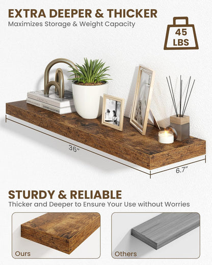 Marsmiles 36" Floating Shelves for Wall, Wooden Shelves with Invisible Brackets Set of 2, Rustic
