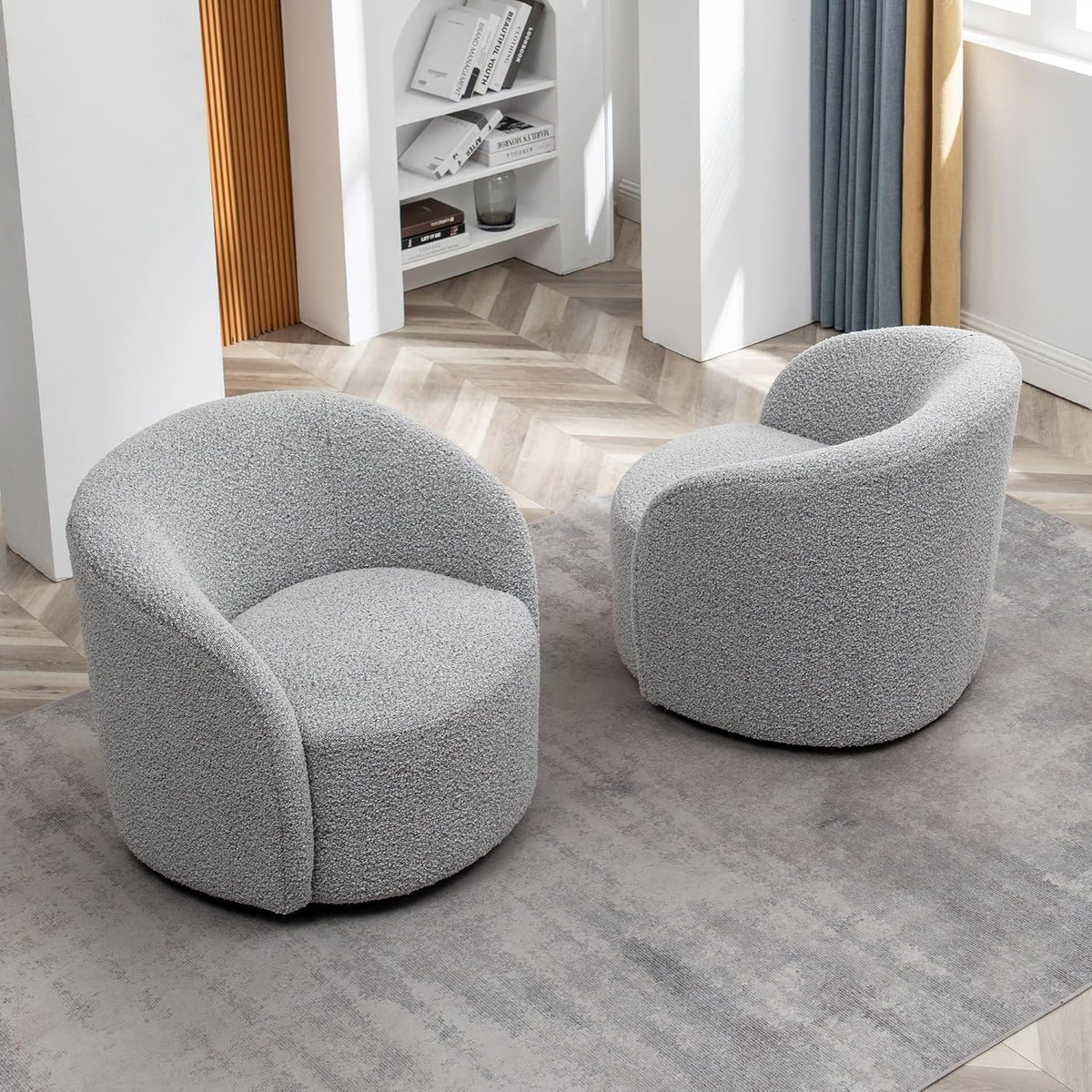 KINWELL 34" W Swivel Barrel Chair Set of 2, Mid Century Modern Round Upholstered Boucle Swivel