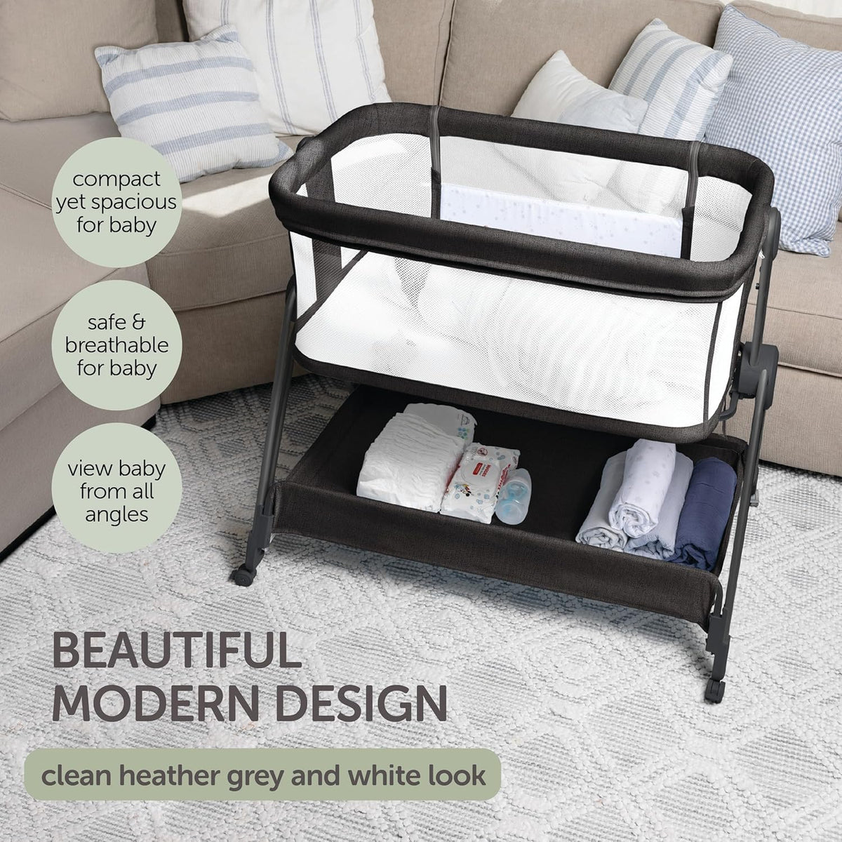 Baby Bedside Sleeper - Bassinet & Bedside Crib with Height Adjustment & Wheels - Can Be Placed Next