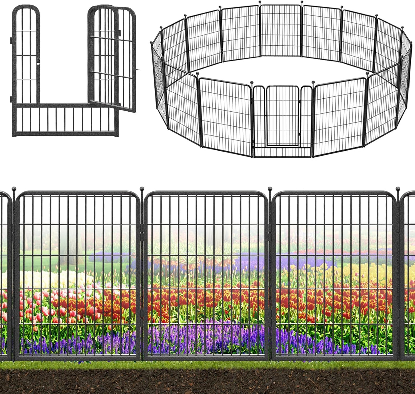 Decorative Black Metal Fencing Garden Fence with Gate, 36ft(L) 32in(H) 16 Fence Panels No Dig Fence