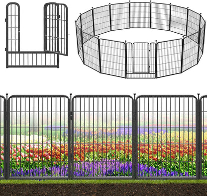 Decorative Black Metal Fencing Garden Fence with Gate, 36ft(L) 32in(H) 16 Fence Panels No Dig Fence