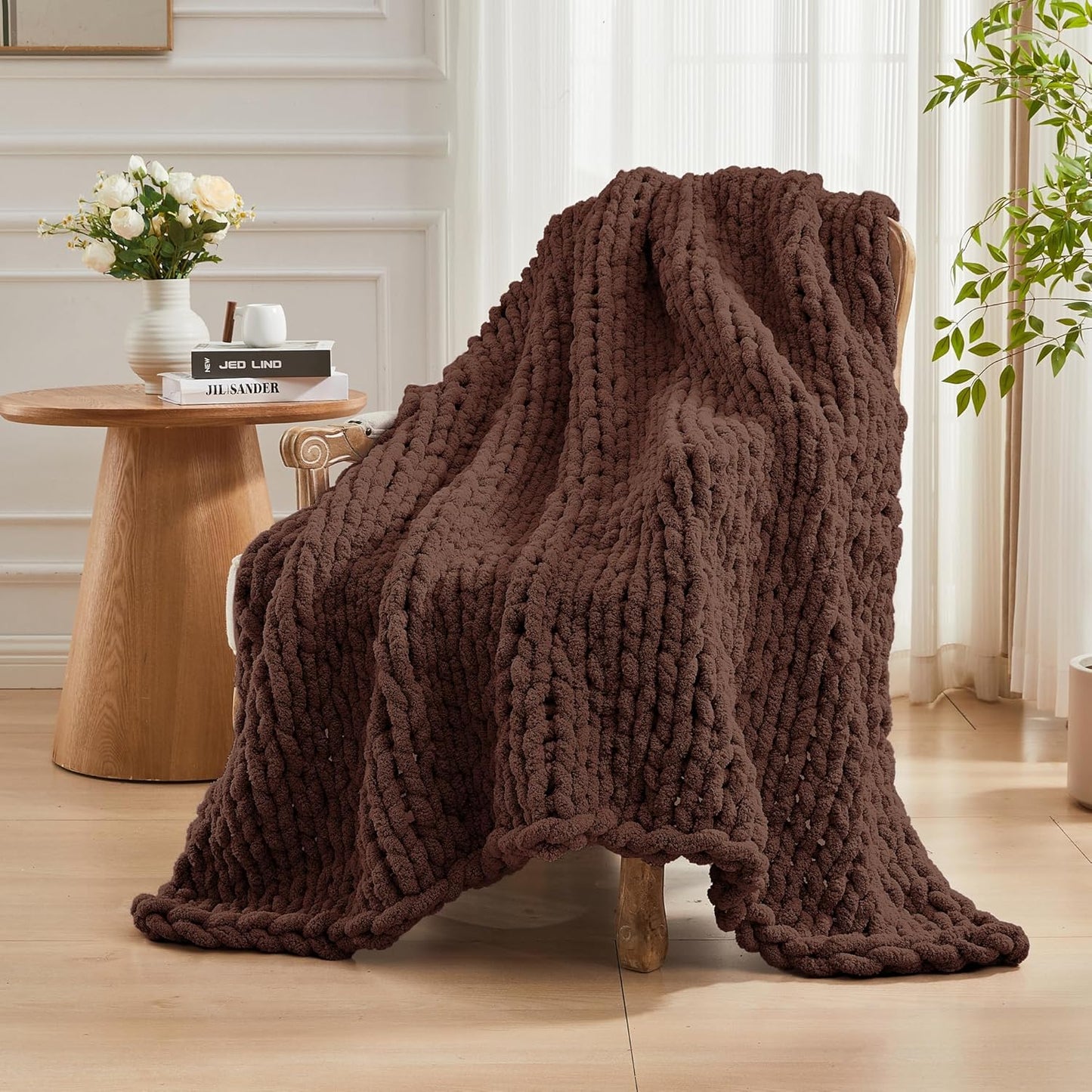 Carriediosa Chunky Knit Throw Blanket 50" X 60", 100% Hand Made Large Chenille Loop Yarn Soft