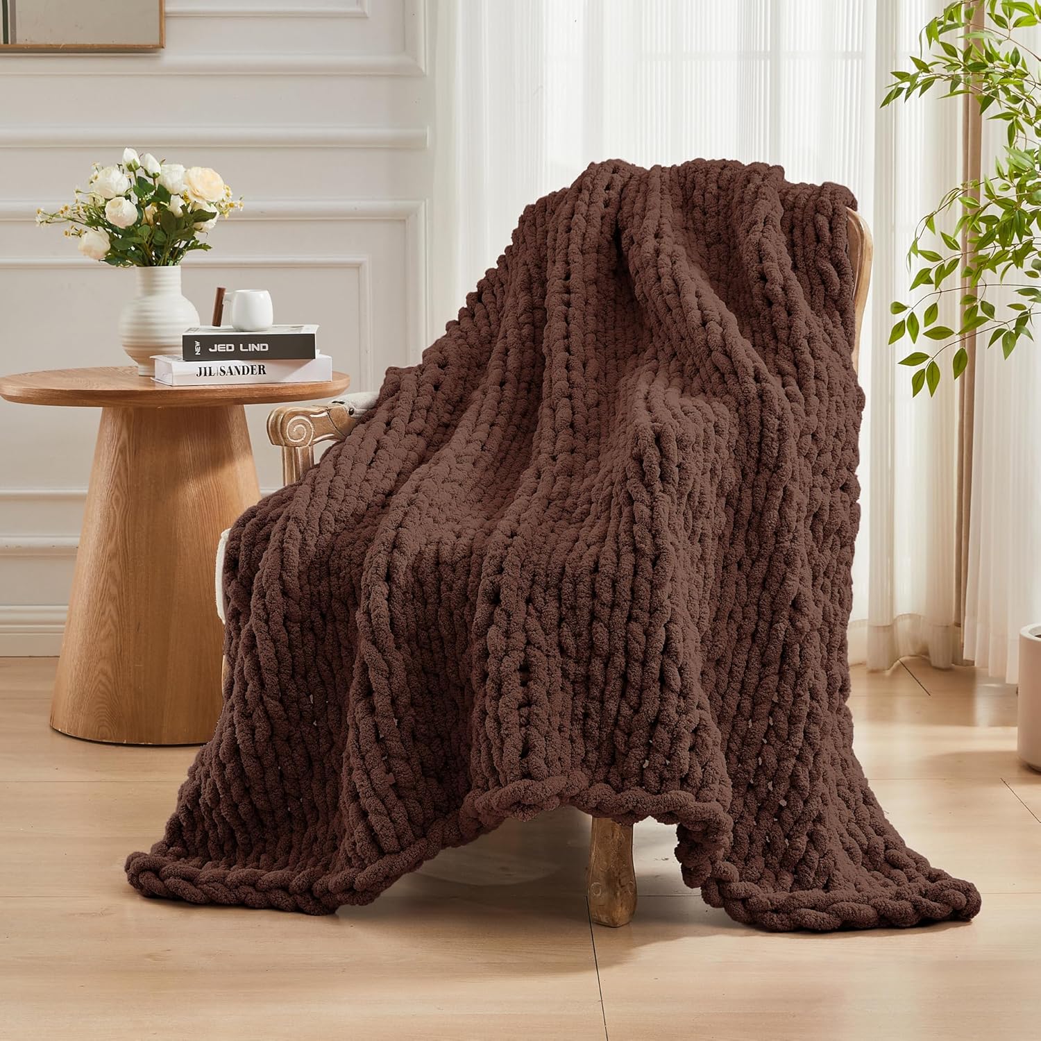 Carriediosa Chunky Knit Throw Blanket 50" X 60", 100% Hand Made Large Chenille Loop Yarn Soft