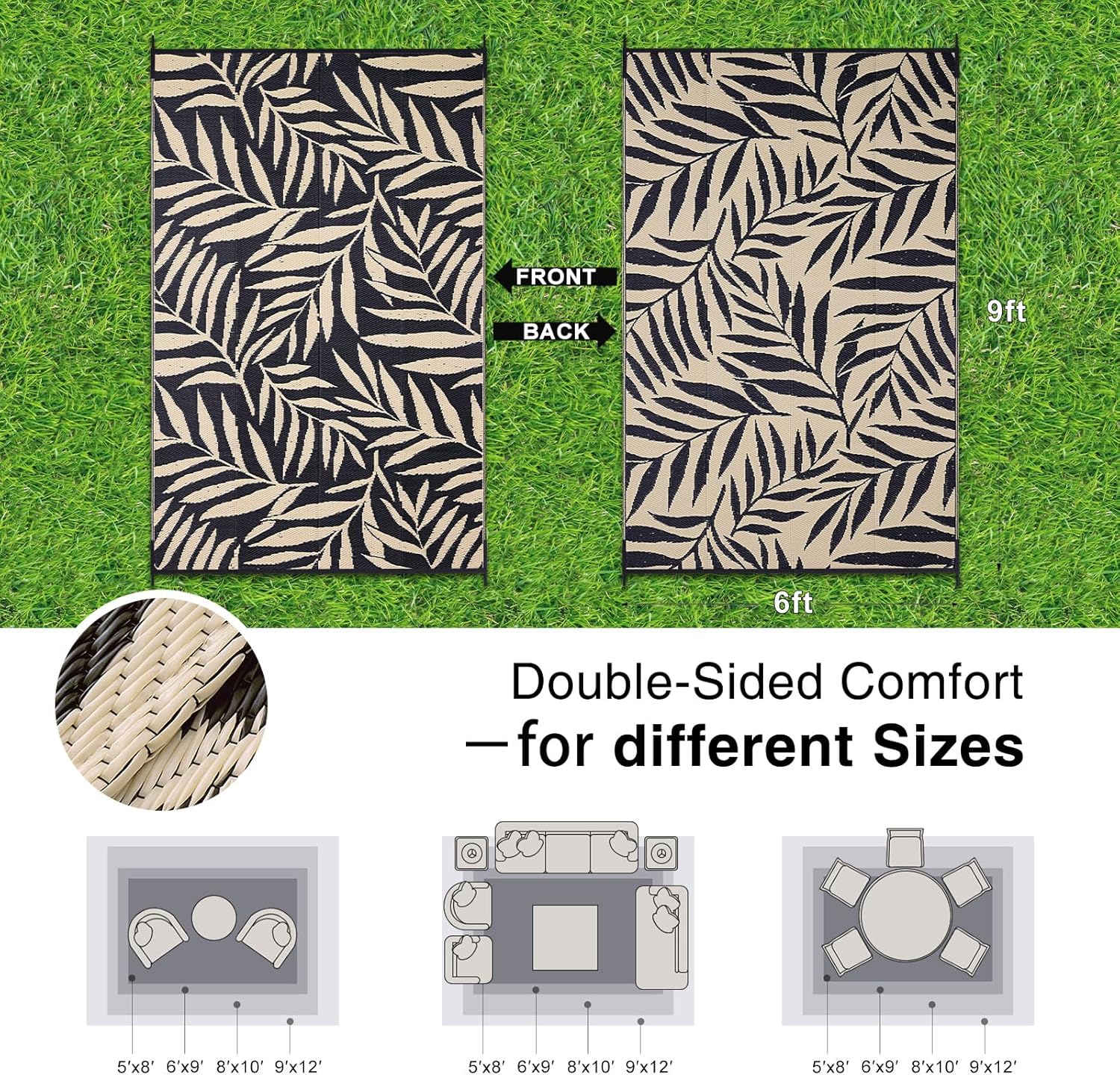 OLANLY Waterproof Outdoor Rug 6x9 ft, Reversible Outdoor Plastic Straw Rug with Leaf Pattern, RV