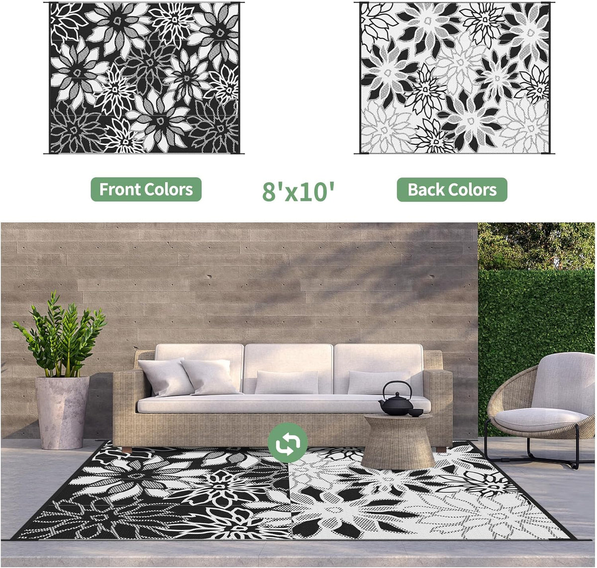 GENIMO Outdoor Rug Waterproof for Patio Decor, 8' x 10' Reversible Plastic Straw Floral Camping