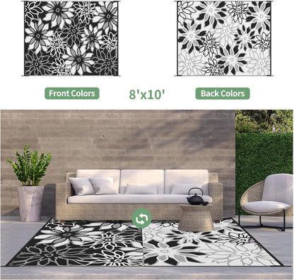 GENIMO Outdoor Rug Waterproof for Patio Decor, 8' x 10' Reversible Plastic Straw Floral Camping