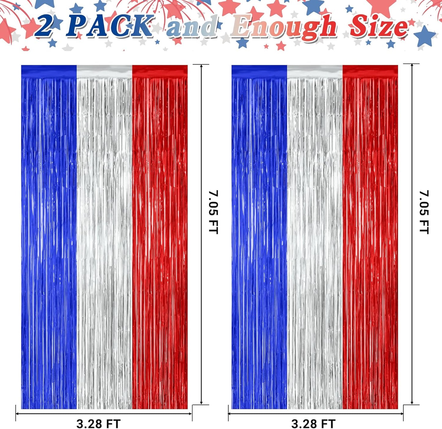 2 Pack 4th of July Party Supplies, 3.28 FT x 7.05 FT 4th of July Tinsel Backdrop, Blue Silver Red