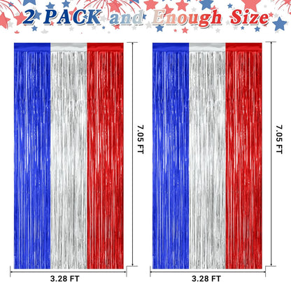 2 Pack 4th of July Party Supplies, 3.28 FT x 7.05 FT 4th of July Tinsel Backdrop, Blue Silver Red