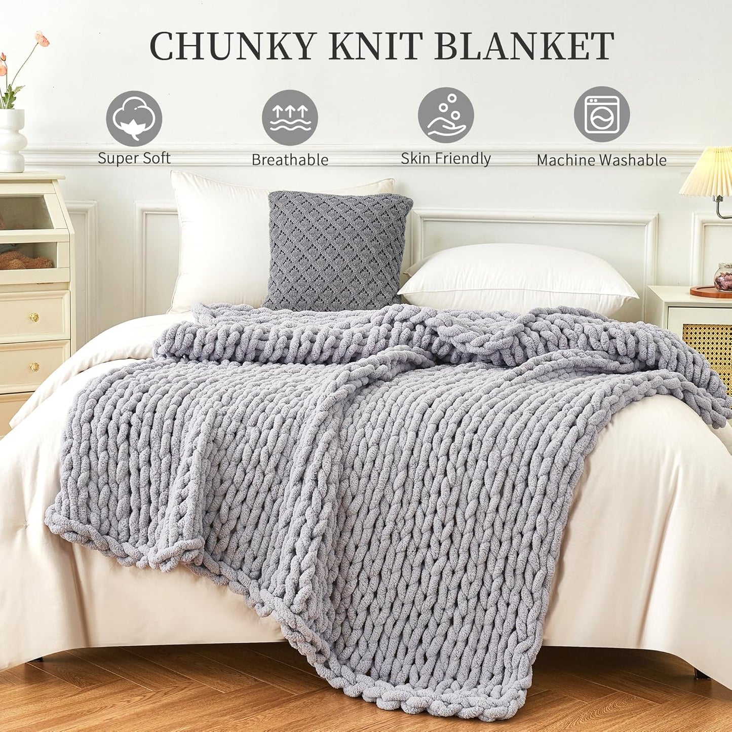 Admitrack Chunky Knit Blanket Throw, 100% Hand Knit Chenille Throw Blanket for Sofa & Home Decor