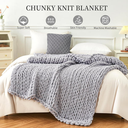 Admitrack Chunky Knit Blanket Throw, 100% Hand Knit Chenille Throw Blanket for Sofa & Home Decor