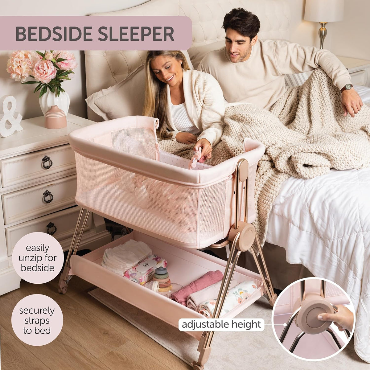 Baby Bedside Sleeper - Bassinet & Bedside Crib with Height Adjustment & Wheels - Can Be Placed Next