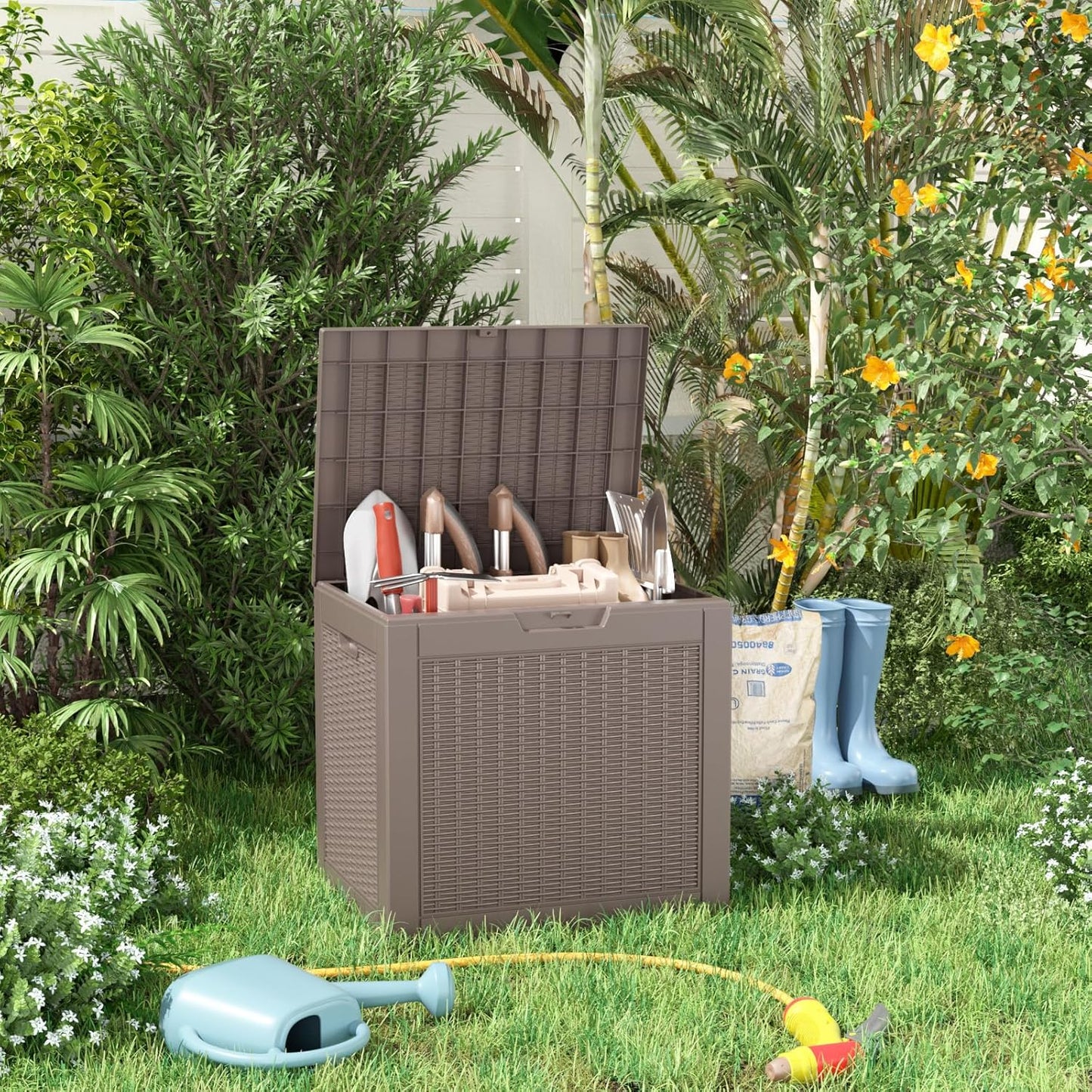 30 Gallon Resin Deck Box, Lockable Patio Outdoor Storage Box for Furniture, Garden Tools and Tools