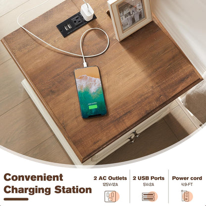 T4TREAM Nightstand with Charging Station, 18 Inch Vintage End Table with 2 Drawers, Wood Rustic