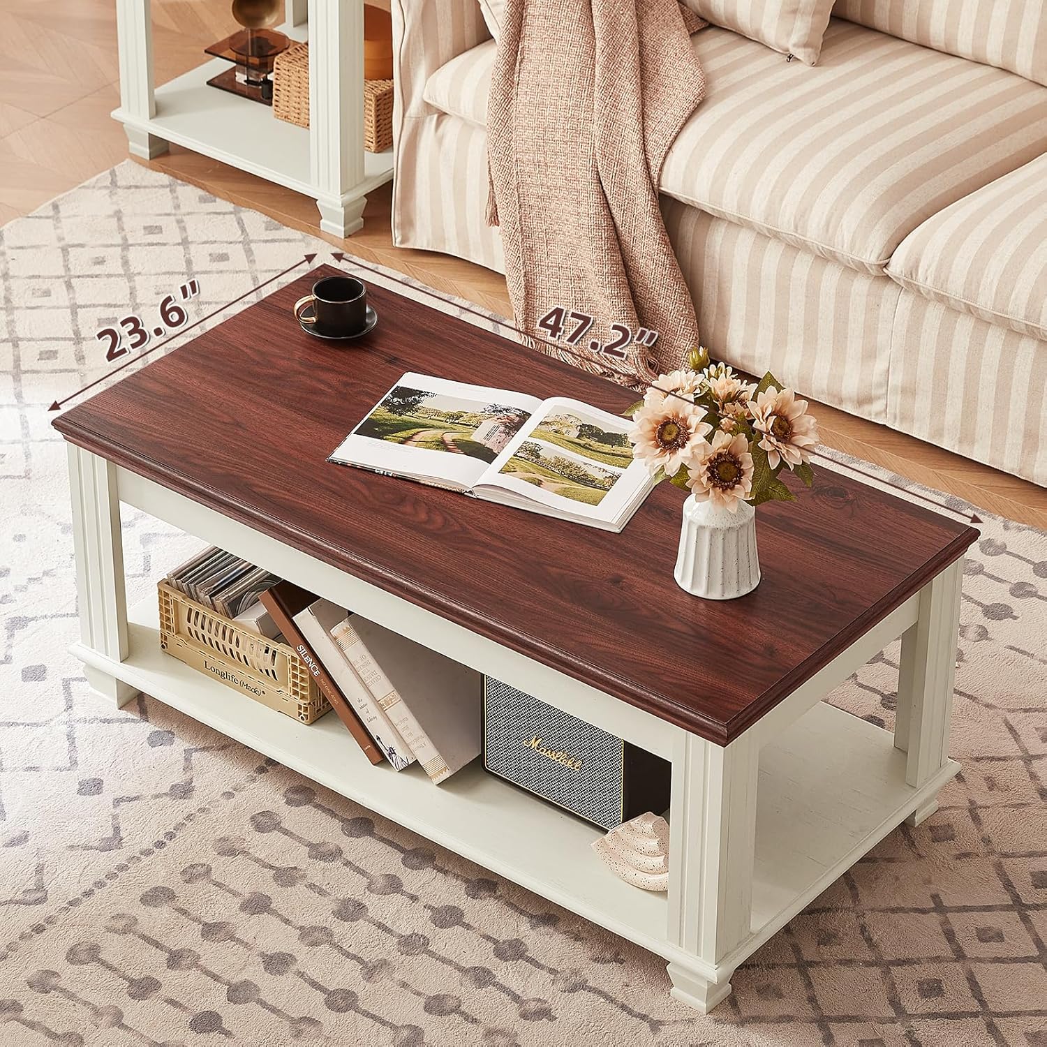 Farmhouse Coffee Tables for Living Room,Square Tea Table with Open Storage Shelf,Large Coffee