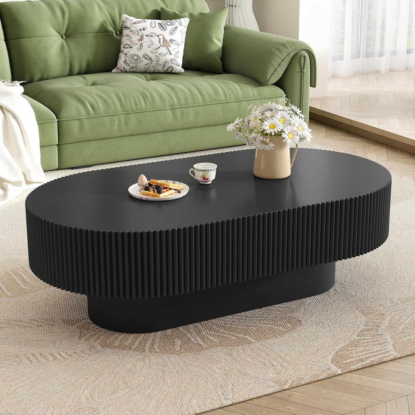 43.3" Oval Fluted Coffee Table Modern Elegant Drum End Table, Minimalist Center Table 7.8" Thick