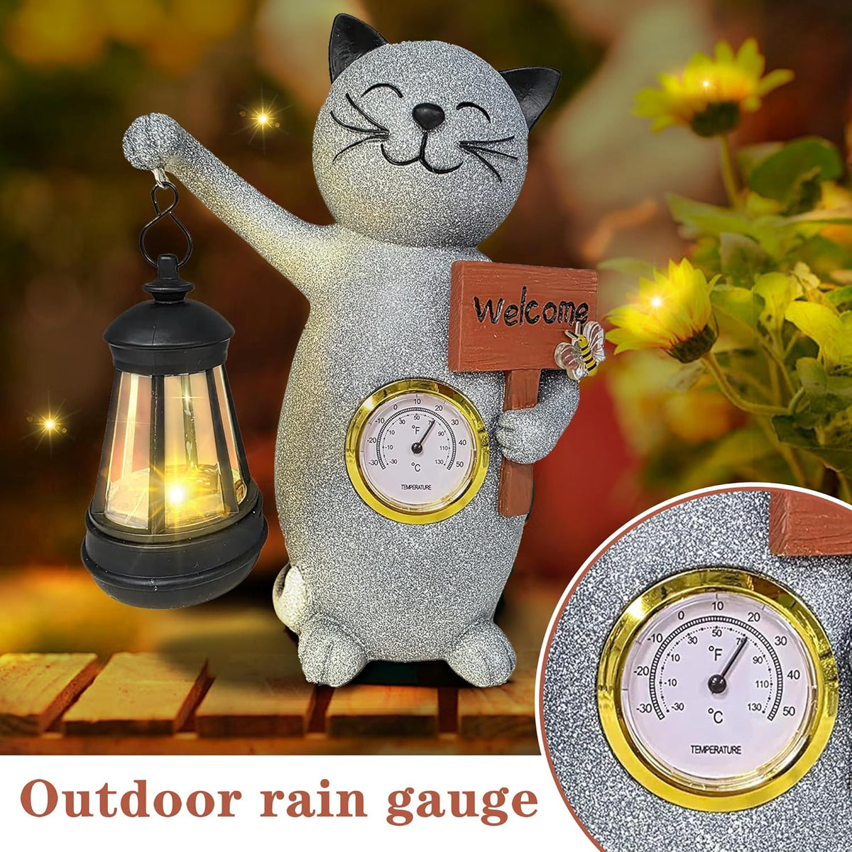 Solar Cat Outdoor Statues for Garden-Creative Thermometer-Lantern-Welcome Sign, Suitable for Yard