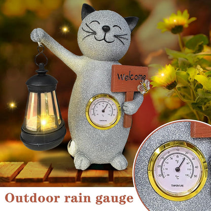 Solar Cat Outdoor Statues for Garden-Creative Thermometer-Lantern-Welcome Sign, Suitable for Yard