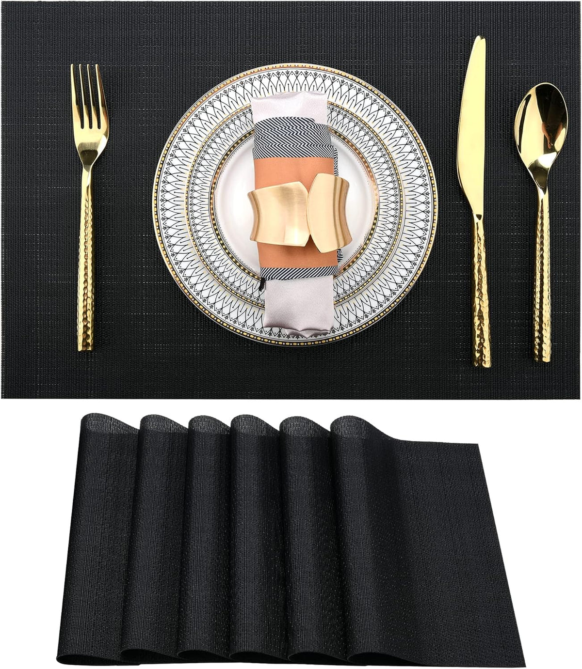 Black Placemats Set of 6 - Easy Clean Washable Vinyl Placemats - Wipeable Heat Proof Table Mats for