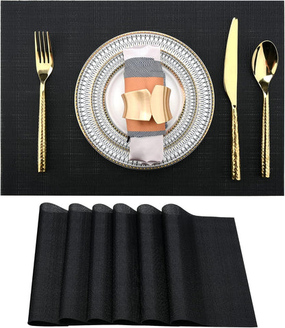 Black Placemats Set of 6 - Easy Clean Washable Vinyl Placemats - Wipeable Heat Proof Table Mats for
