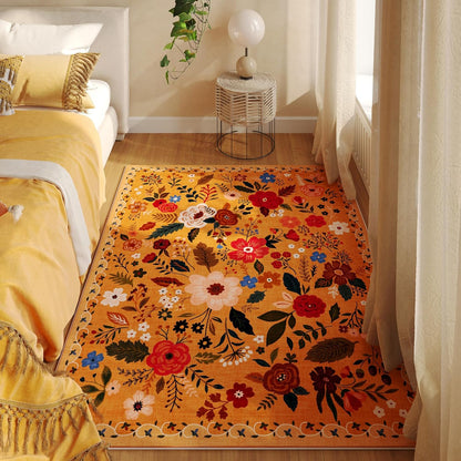 Bedroom Rug 3x5 Rug Washable Area Rug Non Slip Low Pile Boho Floral Small Carpet for Bedroom