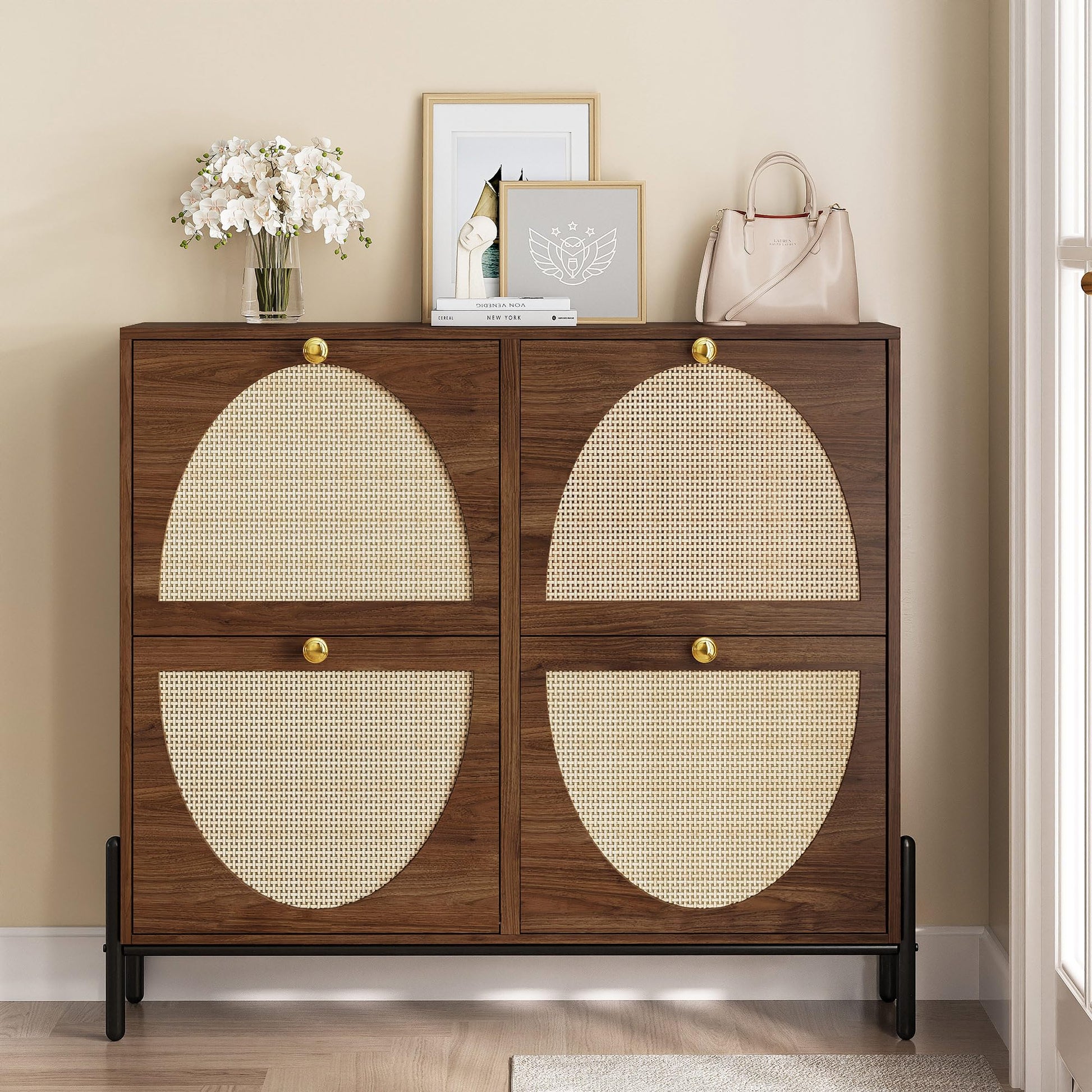 IRONCK Rattan Shoe Cabinet Storage with 4 Flip Drawers, Walnut