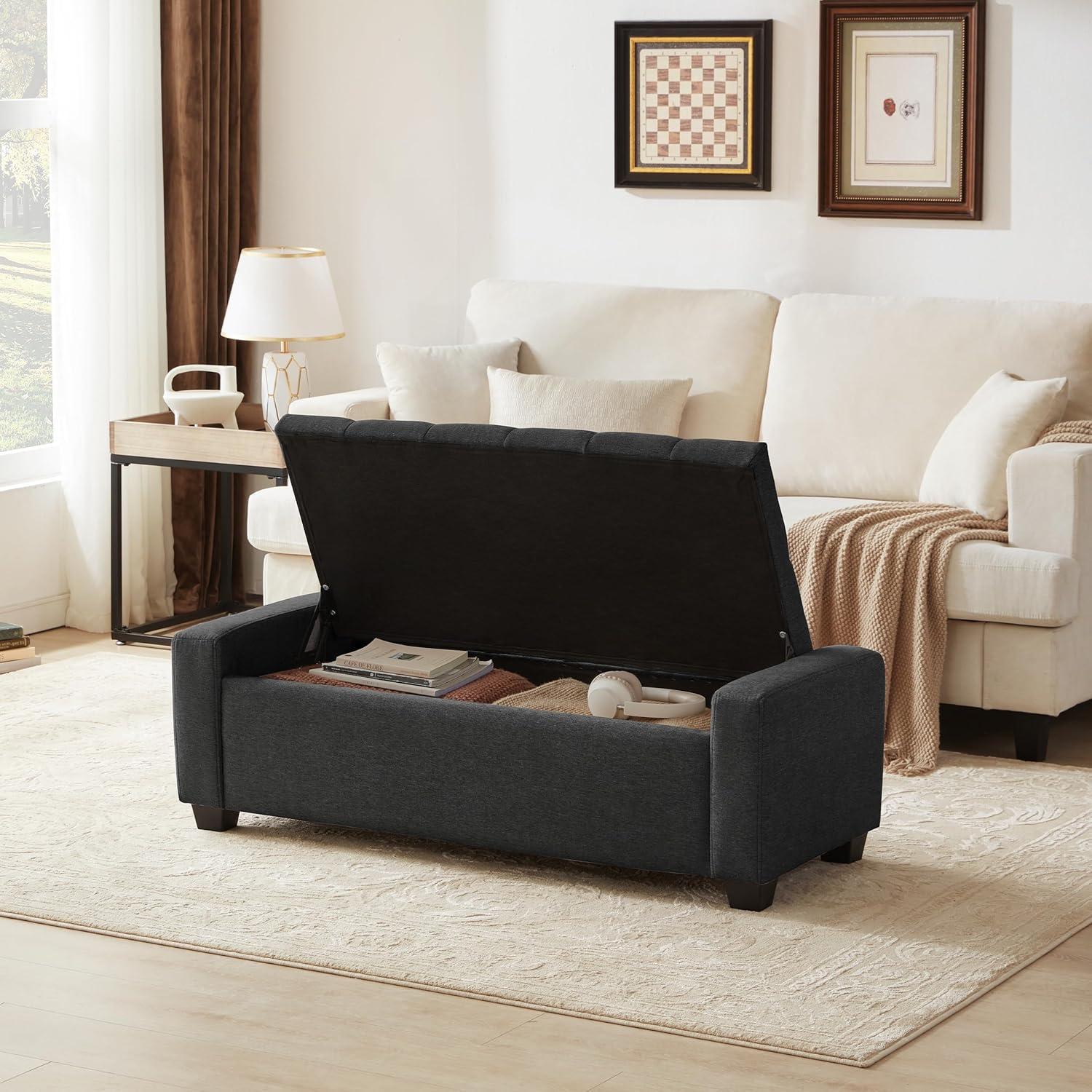 48" Ottoman with Storage, Storage Ottoman Bench with Safety Hinge, Upholstered Entryway Bench with