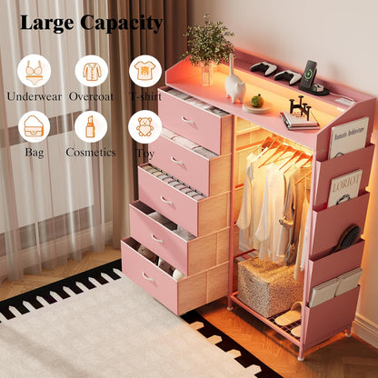LUMTOK 2-in-1 Dresser with Hanging Racks,5 Fabric Drawers Dressers with LED Lights, Charging
