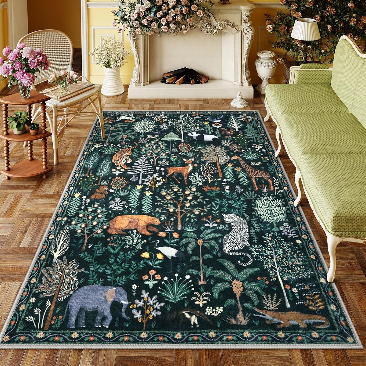 OJIA Jungle Print 5x7 Area Rugs for Living Room, Green Soft Washable Rugs for Bedroom Ultra-Thin
