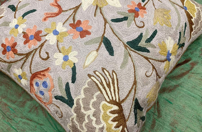 Beige Floral Pillow Cover Taupe Flower Traditional Hand Embroidered Pillowcase Traditional Outdoor