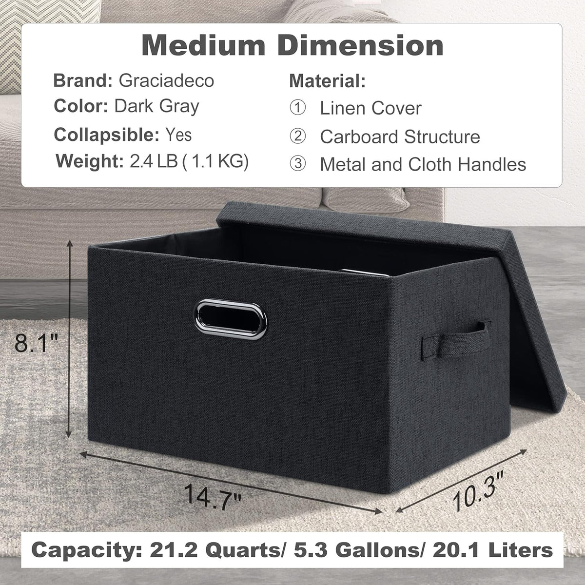 Medium 15" 21 Quart Collapsible Stackable Storage Bins with Lids, 5 Packs Dark Gray Foldable Fabric
