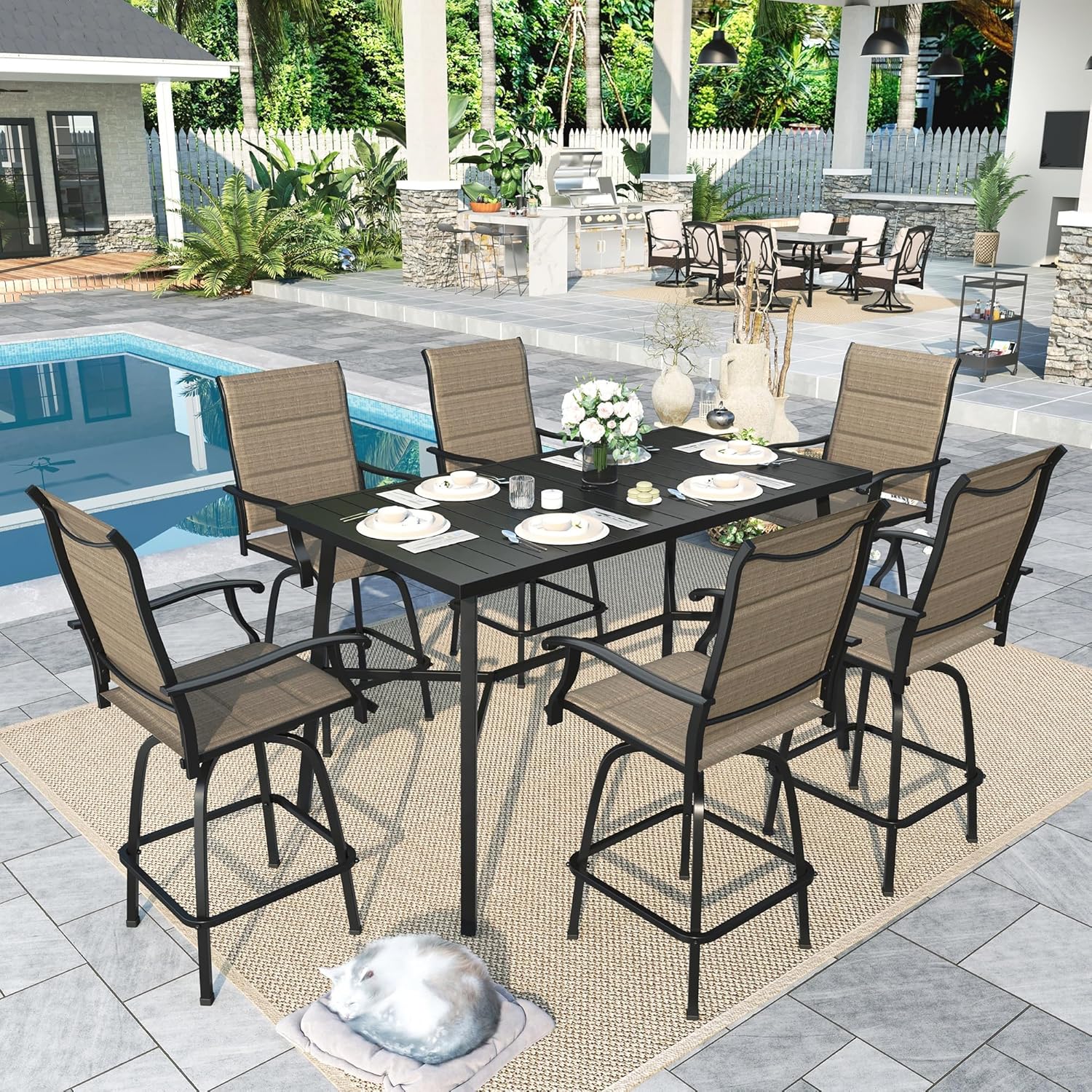 Sophia & William Outdoor Bar Set, Patio Bar Table and Chairs Set, Bar Height Patio Set - 6 x Swivel