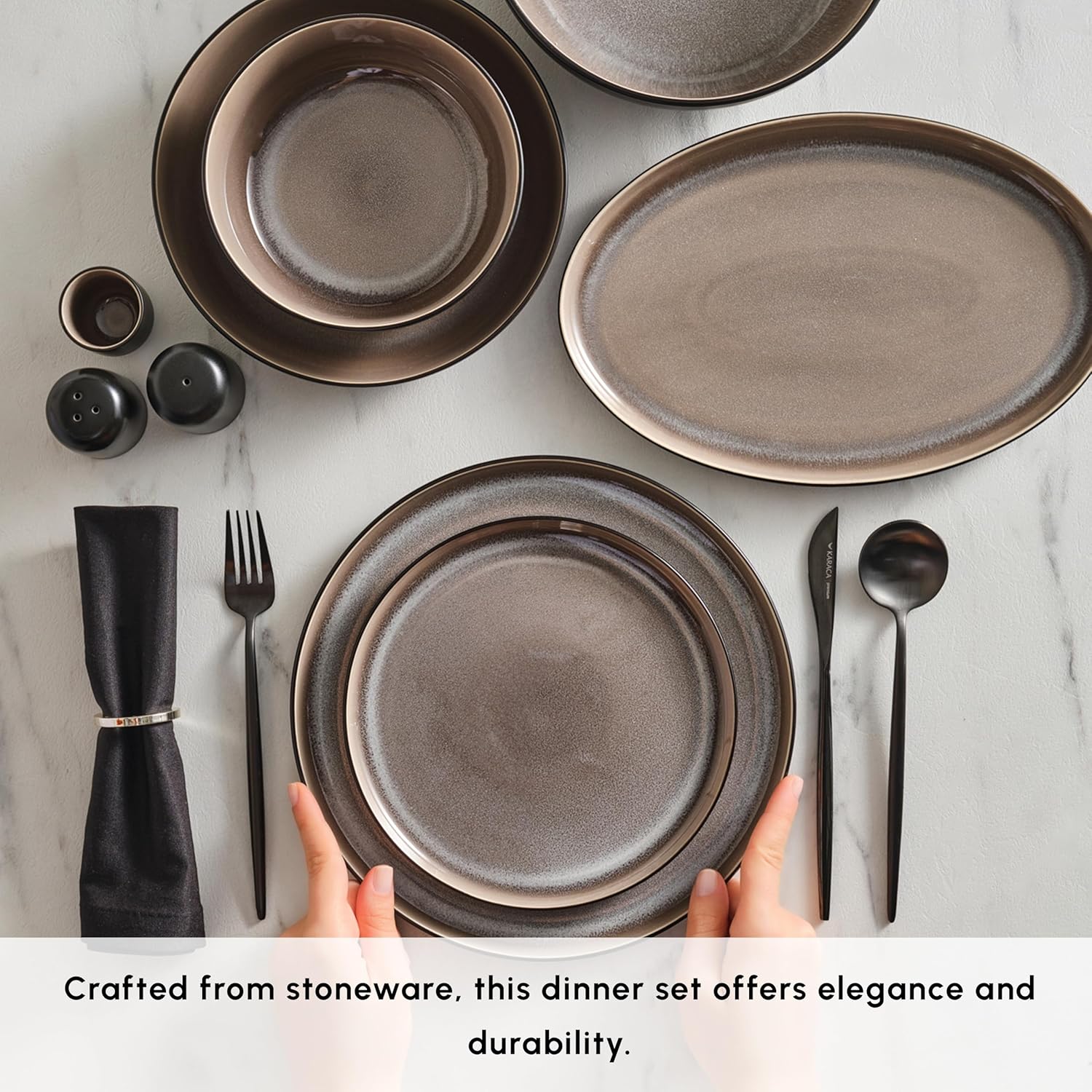 Karaca Mercure 59 Piece Stoneware Plates and Bowls Set, Reactive Glaze Black Dinner Set, Complete