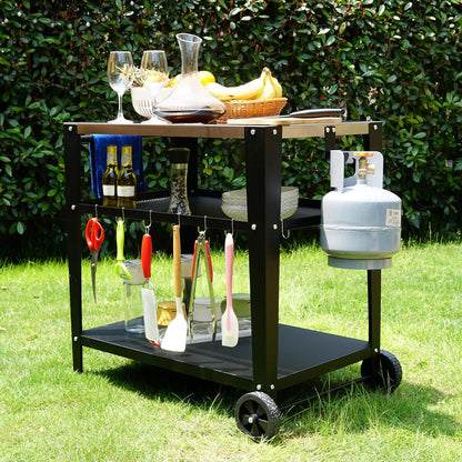Stainless Steel Outdoor Grill Cart with Wheels, Heavy-Duty 3-Tier BBQ Prep Table for Pizza Oven
