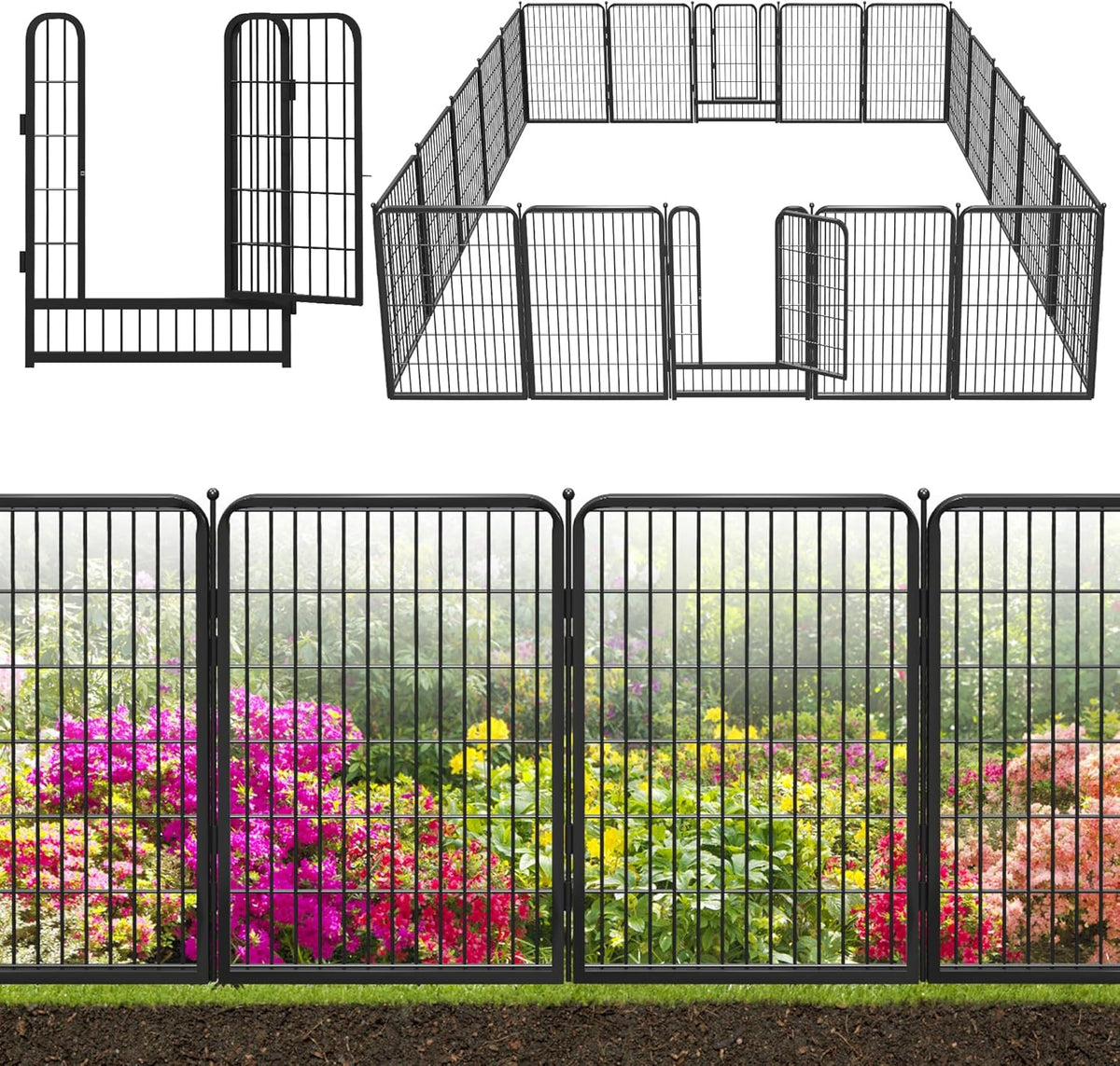 Decorative Black Metal Fencing Garden Fence with Gate, 45ft(L) 40in(H) 20 Fence Panels No Dig Fence