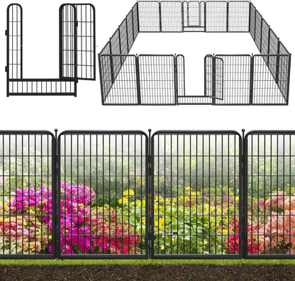 Decorative Black Metal Fencing Garden Fence with Gate, 45ft(L) 40in(H) 20 Fence Panels No Dig Fence