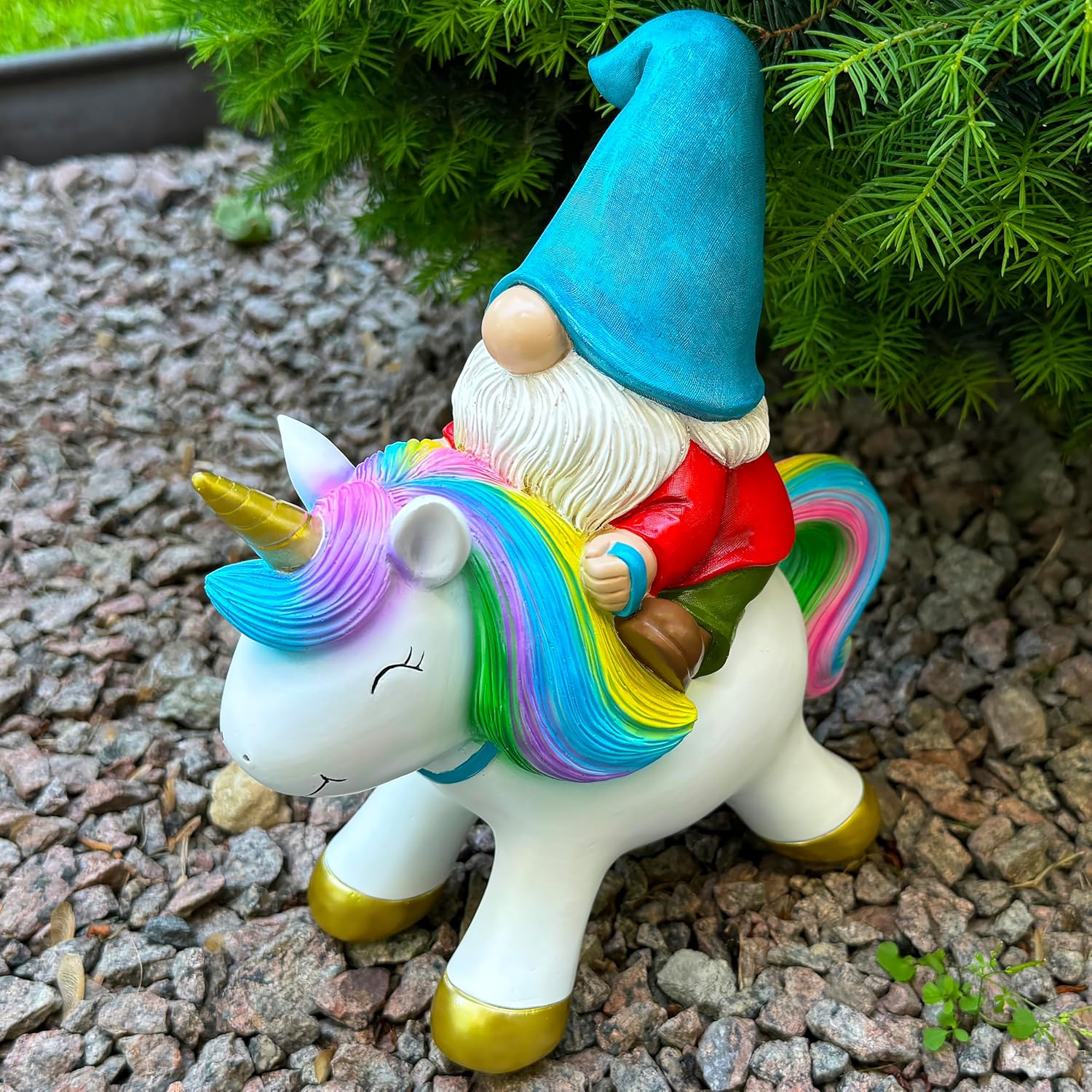Mood Lab Garden Gnome Statue - Garden Gnome Riding Unicorn - 8.3 Inch Tall Lawn Figurine - for