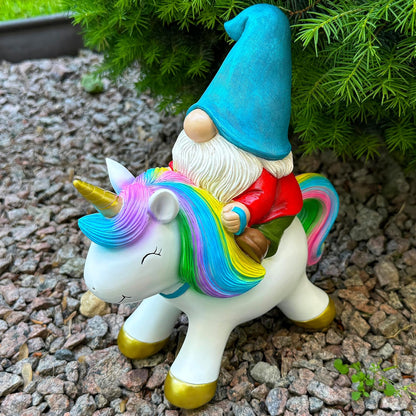 Mood Lab Garden Gnome Statue - Garden Gnome Riding Unicorn - 8.3 Inch Tall Lawn Figurine - for