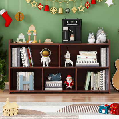 Book Shelf Set of 2, 5 Cubes Storage Organizer, Open Shelf Wooden Bookcase, Freestanding Cherry