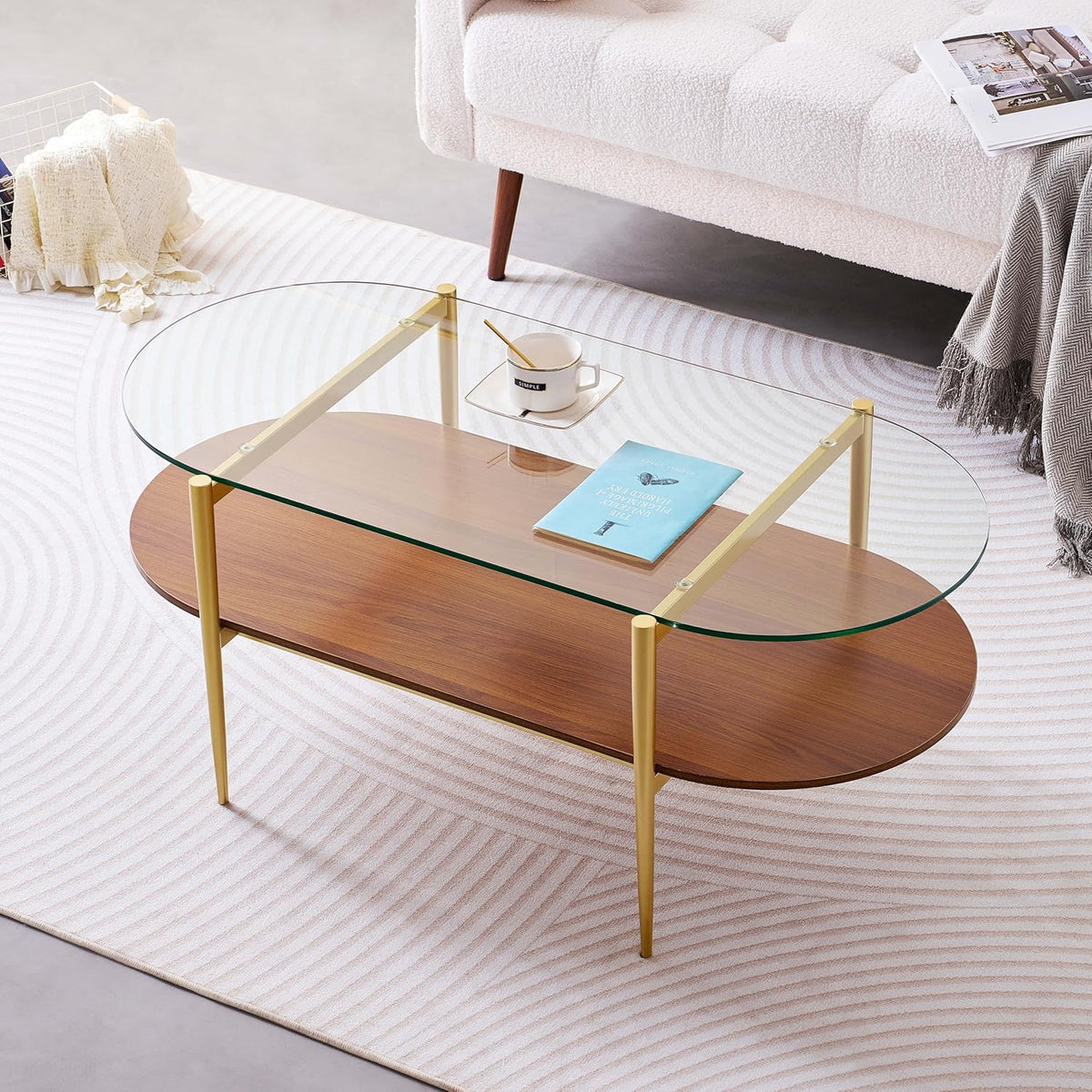 Oval Glass Coffee Table, Mid-Century Modern Design, L41 x W21 x H17 inch, for Living Room, 2-Tier