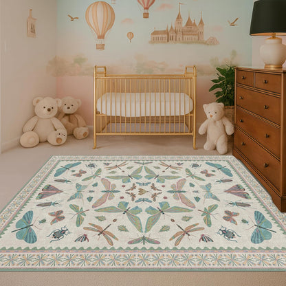 Light Blue and Pink Rug 4x6 Rugs for Bedroom Under Bed - Insect Print Multi Color Decor, Low Pile