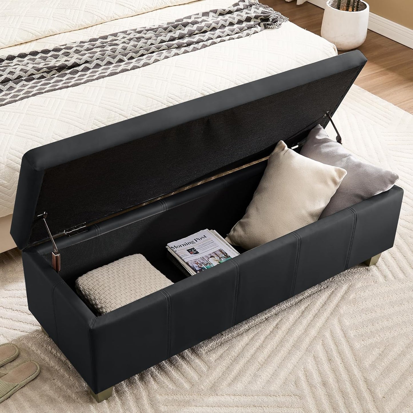 41" Faux Leather Storage Ottoman, Stitch Tufted Rectangle Upholstered End of Bed Storage Bench
