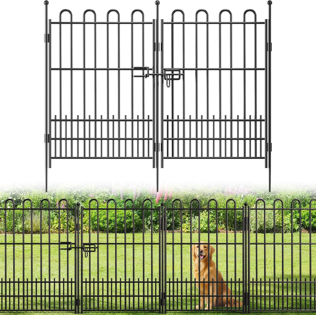 10 Panels Decorative Garden Fence with U-Shape and Latch Gate, 39.51 in(H) X 23.08 ft(L) Dog Fence